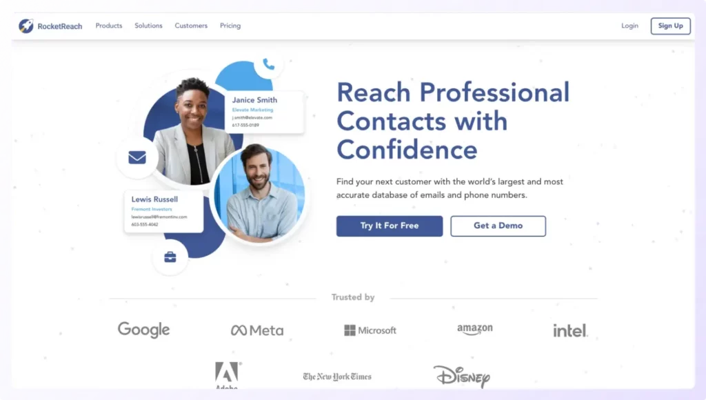 landing page of RocketReach b2b data provider tool