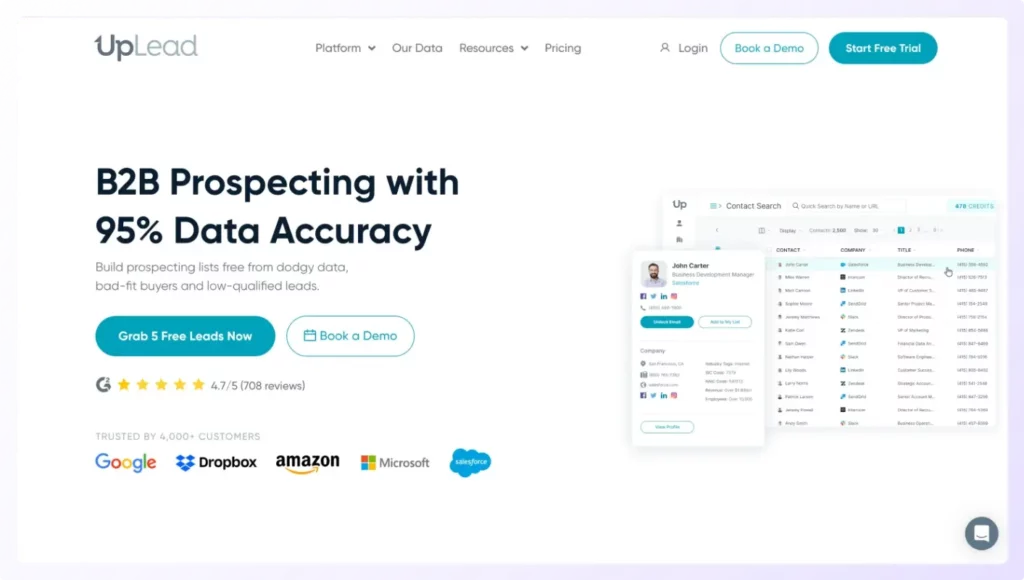 landing page of UpLead b2b data provider tool