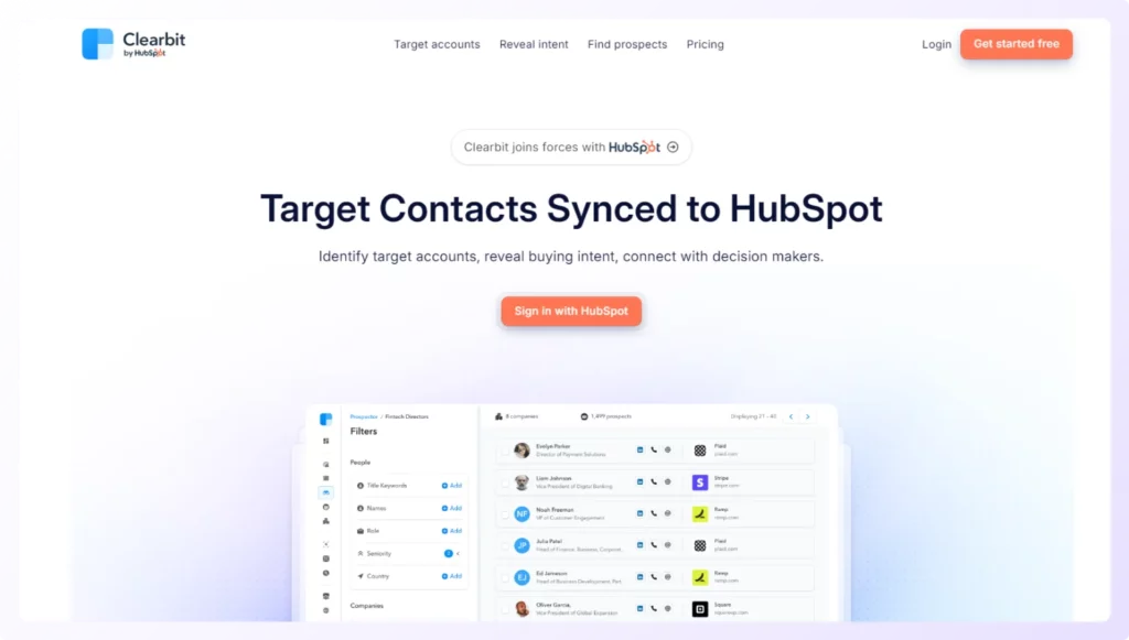 best b2b email list providers clearbit by hubspot landing page