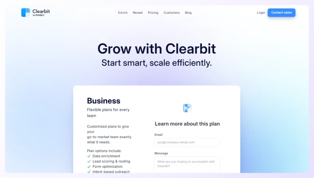 Home page of Clearbit by HubSpot b2b contact database