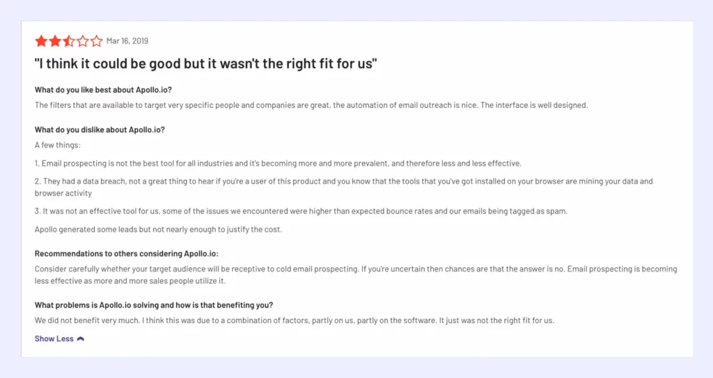 Customer review about Apollo.io's Email Outreach