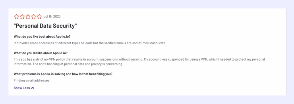 Customer review about Apollo.io's privacy and security