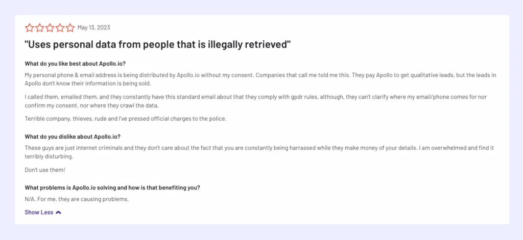 Customer review about Apollo.io's use of personal data