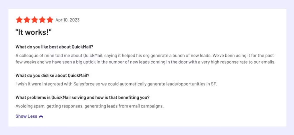 customer review about lead generation in Quickmail