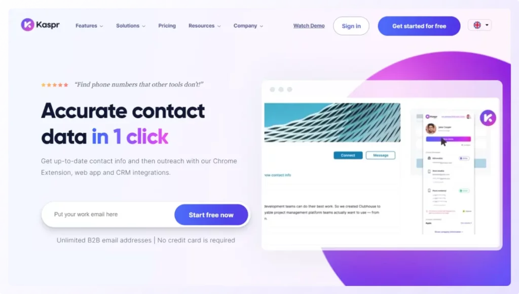 landing page of Kaspr b2b contact database provider