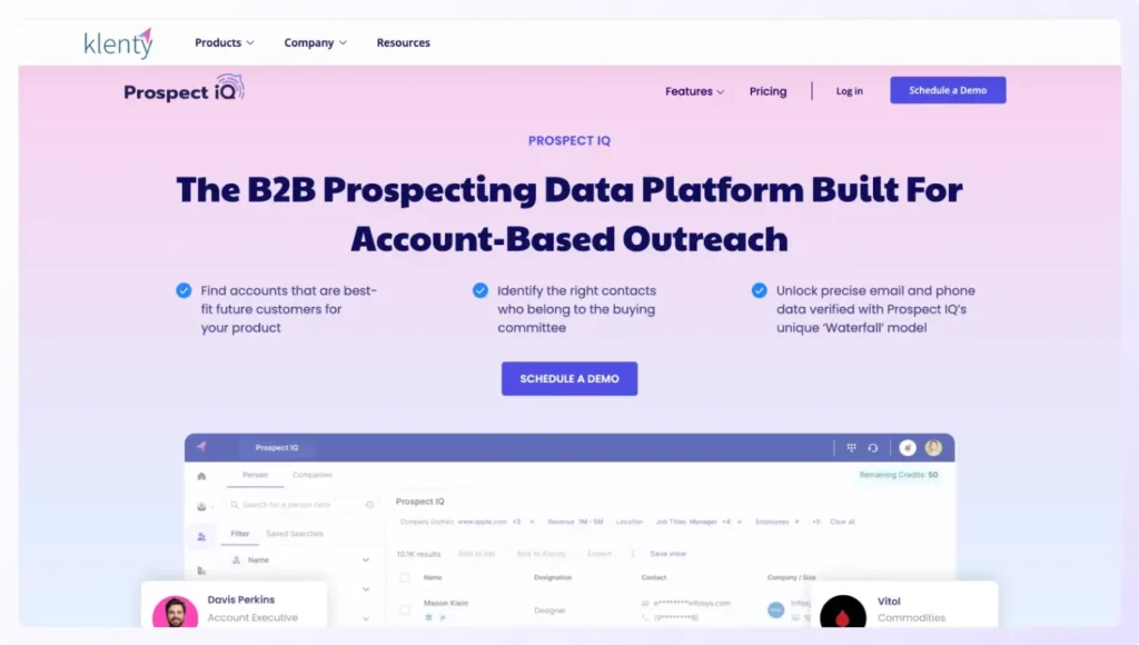 Landing page of Prospect IQ by Klenty best b2b contact database provider