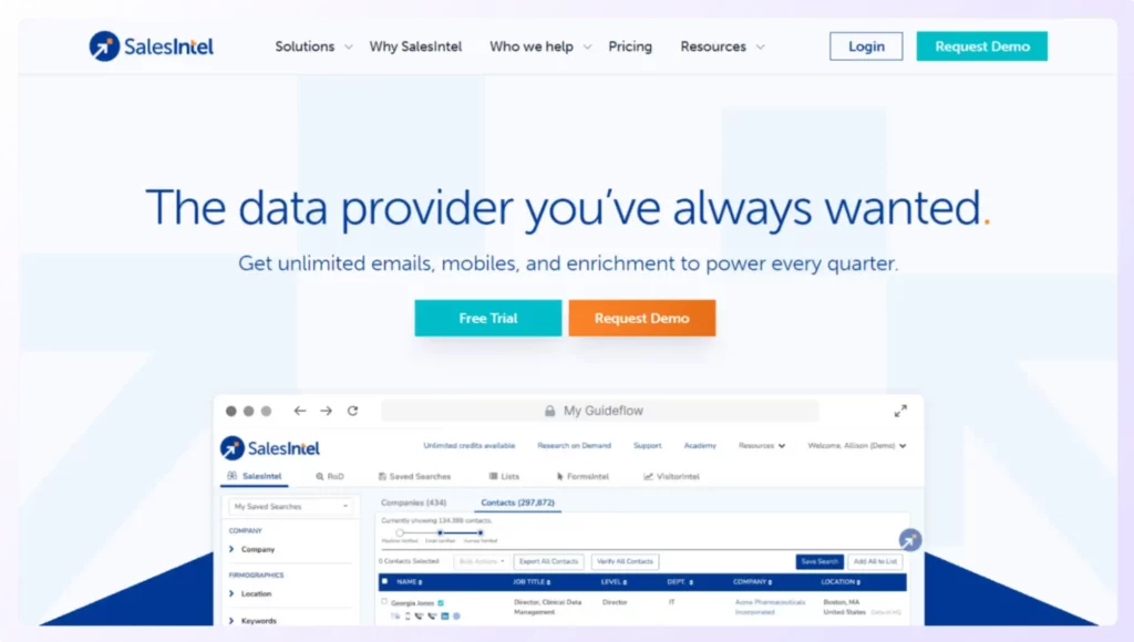 Home page of SalesIntel.io b2b database give quality data