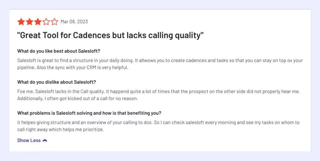 review of salesloft for cadences and calling quality