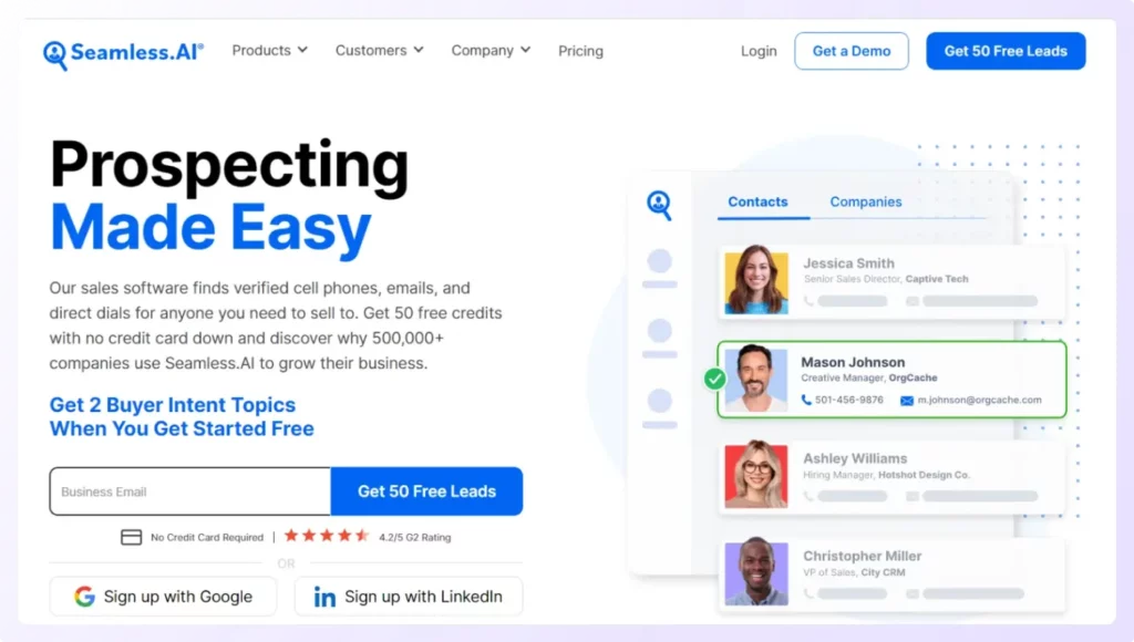 Landing page of Seamless.ai best b2b contact database