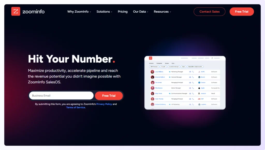 page of ZoomInfo best b2b contact database for sales team