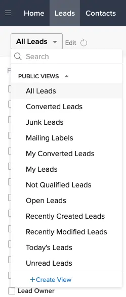Creating a view in Zoho CRM with all the leads you want to import.