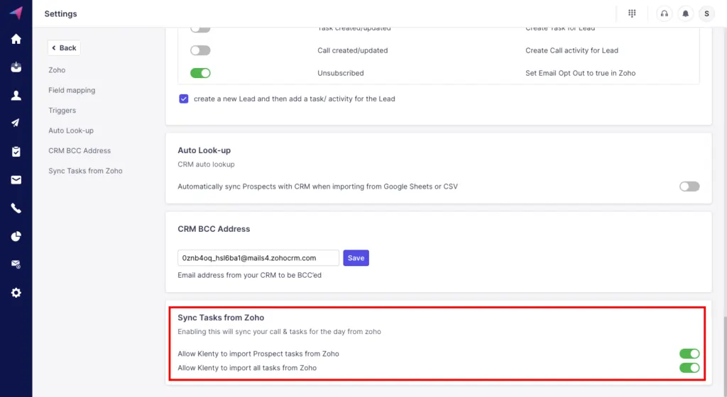 sync Zoho tasks to Klenty, simply toggle on these buttons in CRM settings