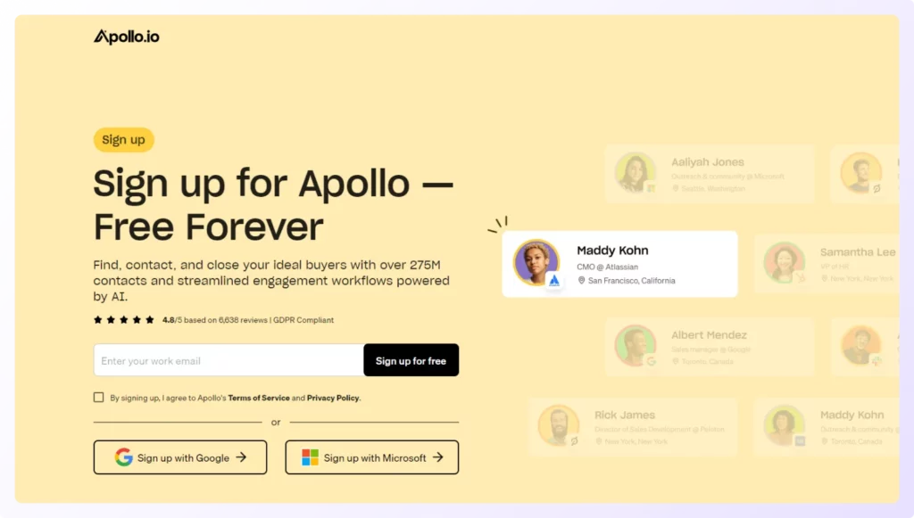 lead generation company Landing Page of Apollo.io