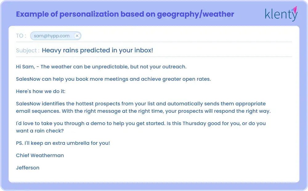 cold email personalized example around geography/weather