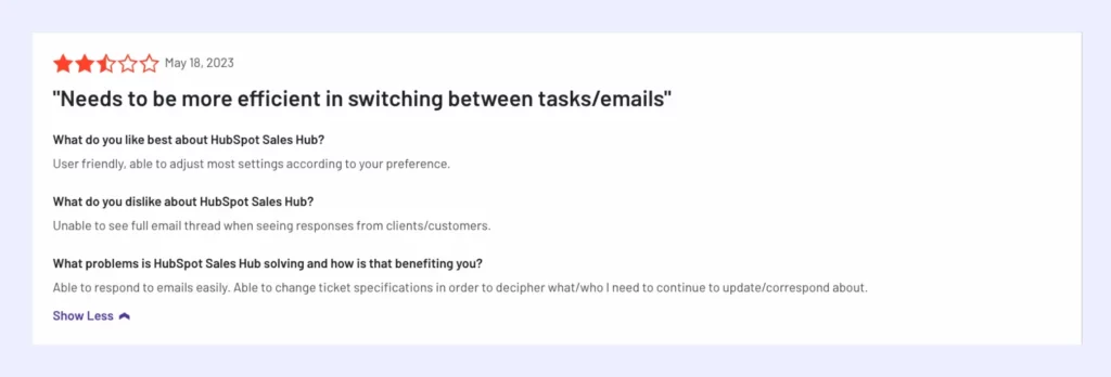 Customer Review About Hubspot's Efficiency in Switching Tasks and Emails