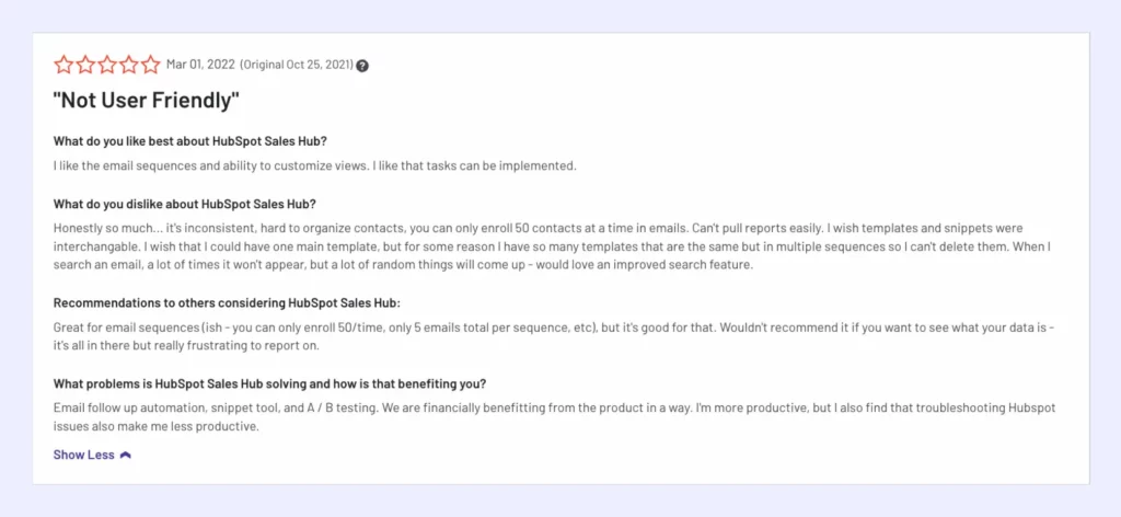 Customer Review about Hubspot's User Friendly