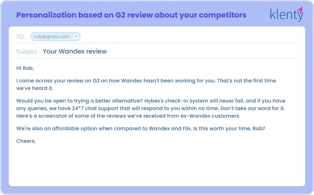 email personalization sample based on competitor reviews on G2