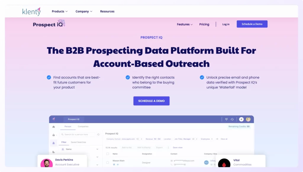 Landing page of Prospect IQ by Klenty