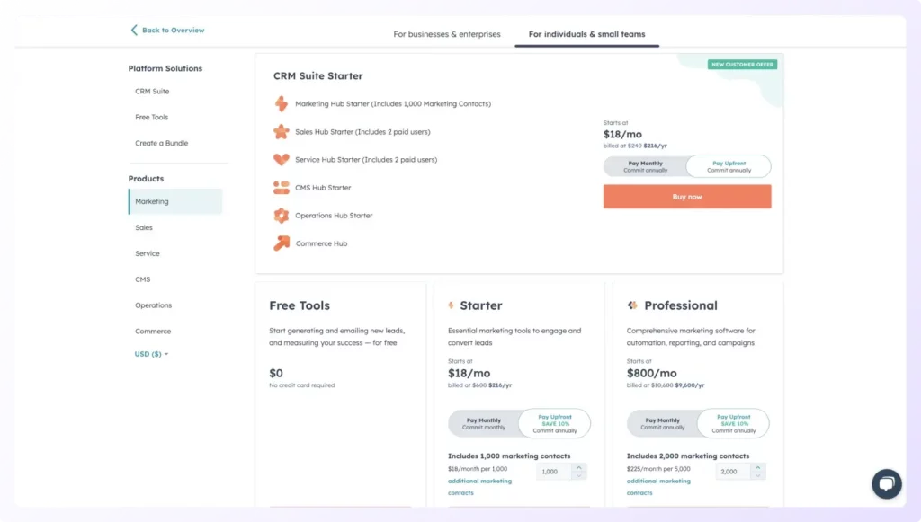 Hubspot Pricing for Individuals and Small Teams