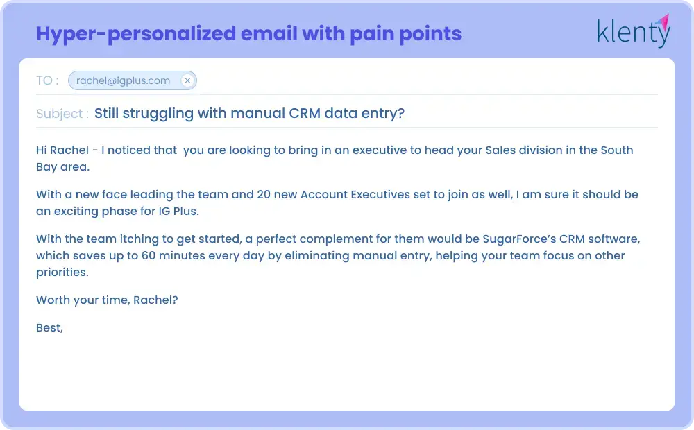 hyper-personalized email sample with pain points