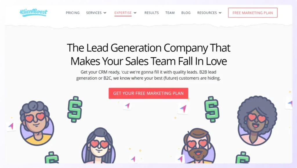 Landing Page of b2b Lead generation company KlientBoost