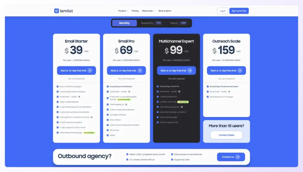 Lemlist pricing for monthly plan showing features and comparison