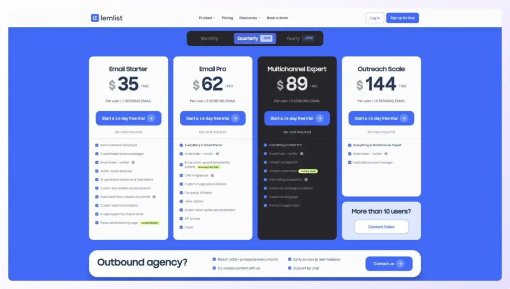 Lemlist pricing for quarterly plan showing features and comparison