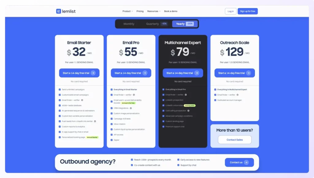 Lemlist pricing for Yearly plan showing features and comparison