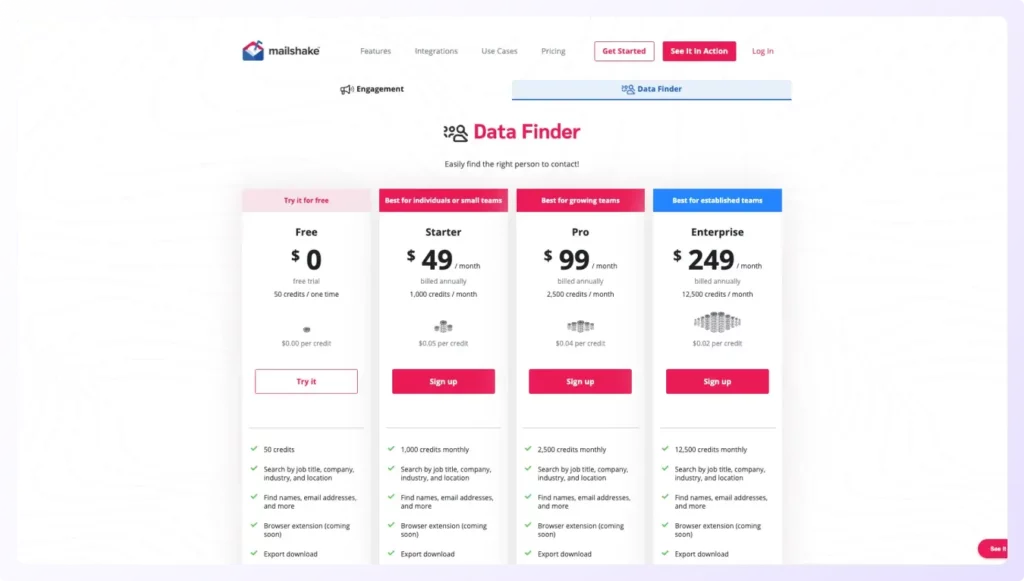 Mailshake pricing for data finder plans showing features and comparison