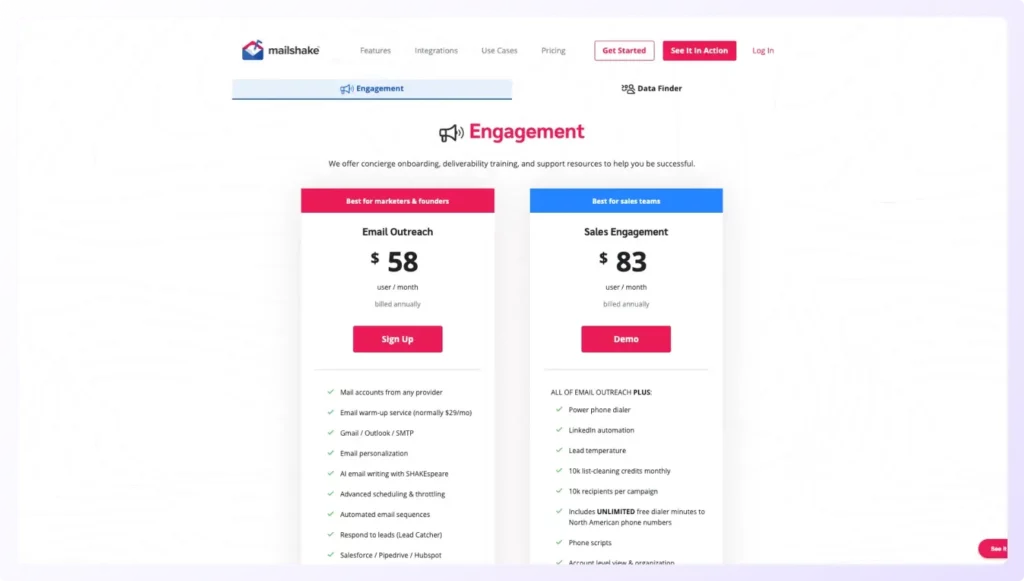 Mailshake pricing for engagement plans showing features and comparison