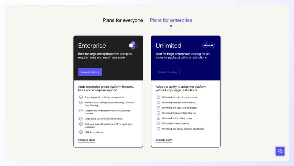 Outreach.io pricing for Enterprise and Unlimited plans showing features and comparison