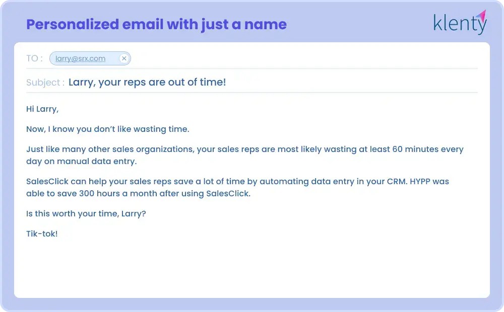 Personalized cold email example with the prospect's name