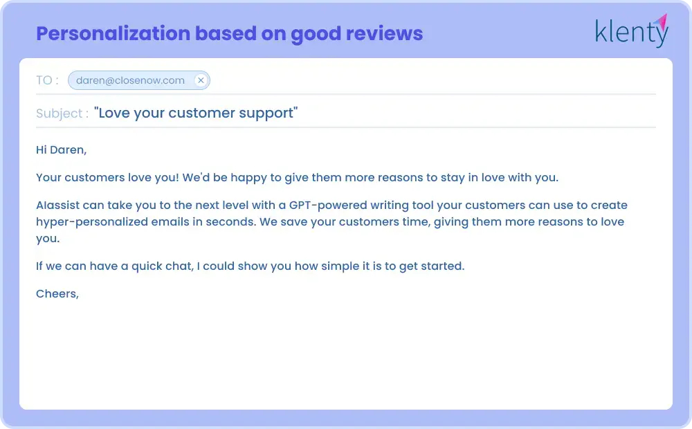 personalized emails example based on good reviews