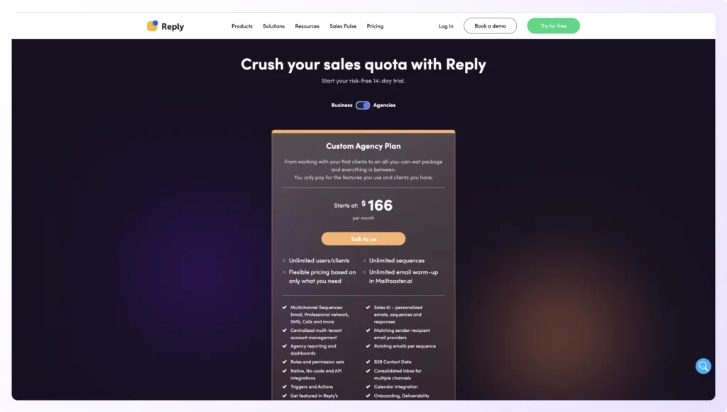 Reply.io pricing for custom agency plan showing features and comparison