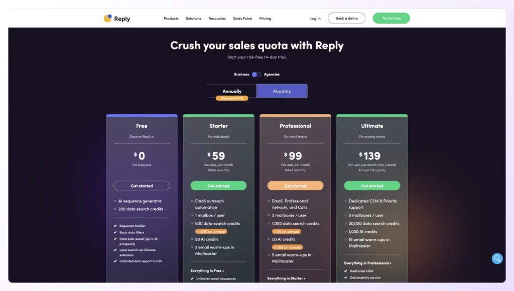 Reply.io pricing for monthly plan showing features and comparison