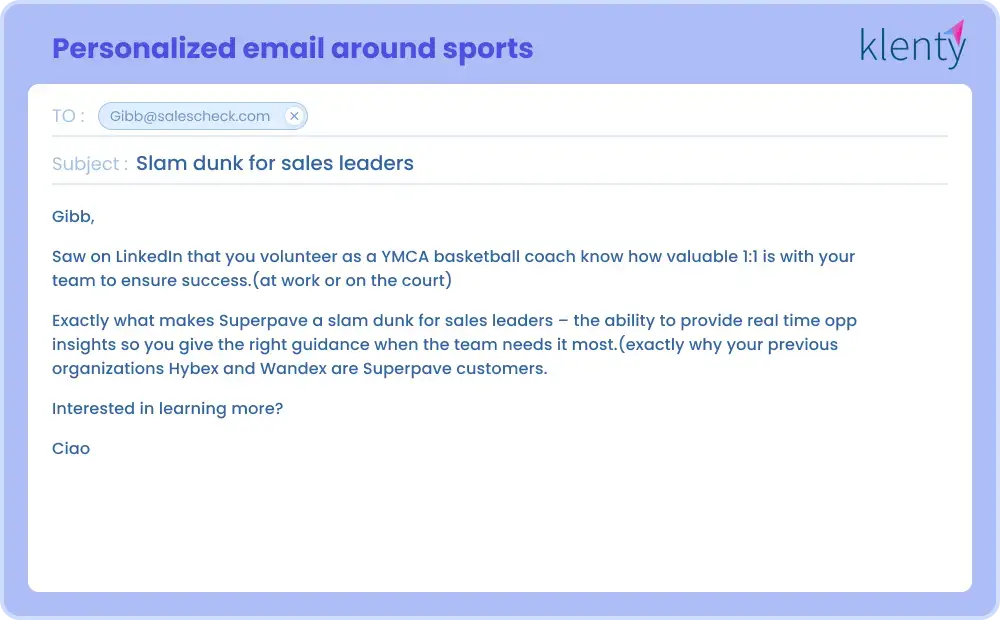 sample for Personalized email around sports