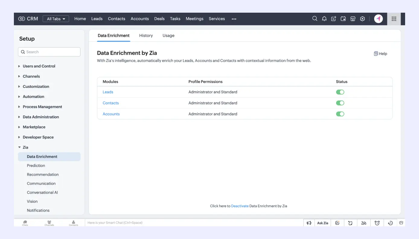 Data enrichment of Zia from Zoho CRM