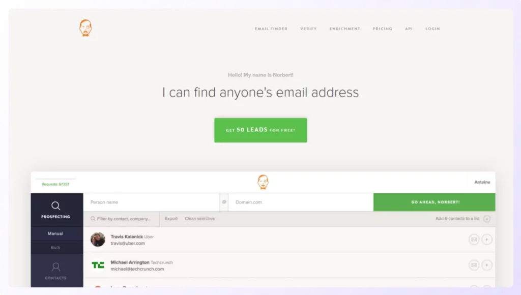Voila Norbert one of the Email Extractor tools landing page