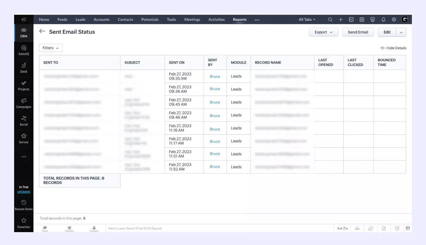 Sample report grouped by 'sent email status'