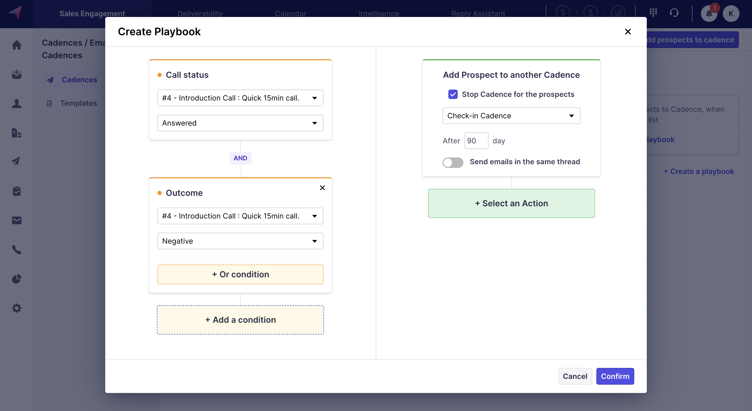 Screenshot of setting up a Playbook to switch the prospect to a “Check-in cadence".