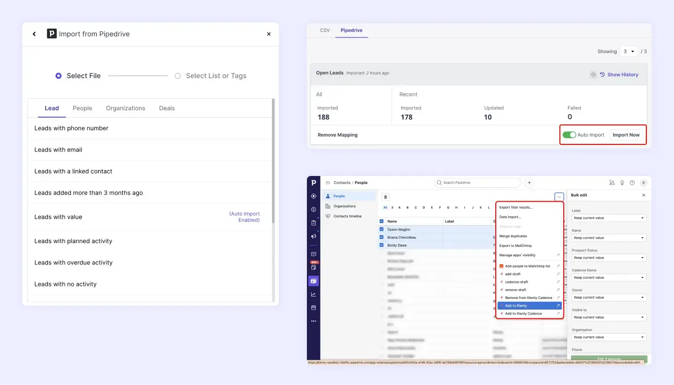 window showing importing from Pipedrive