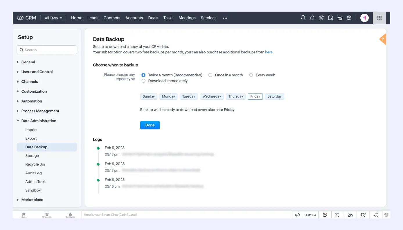 Zoho CRM tips and tricks - Data Backup feature shown