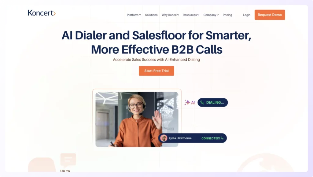 B2B AI-based auto dialer software Koncert's landing page