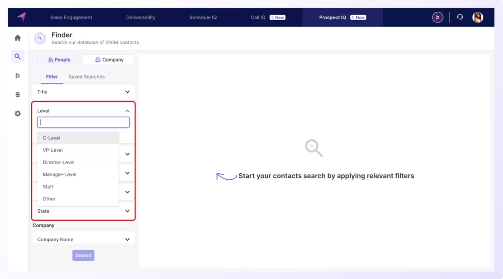 Level filter in ProspectIQ shows executives level contacts