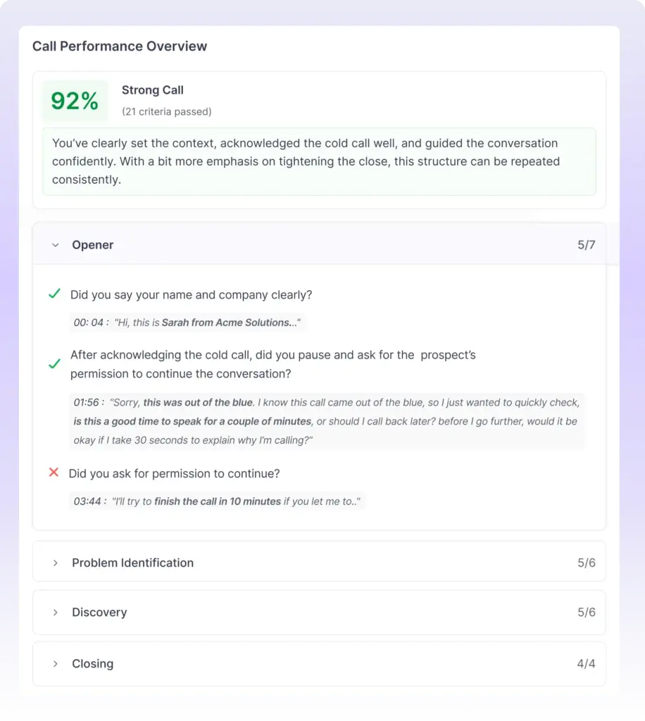 AI Call Scorecard automatically scoring a sales call against the prescribed talk track with granular coaching insights