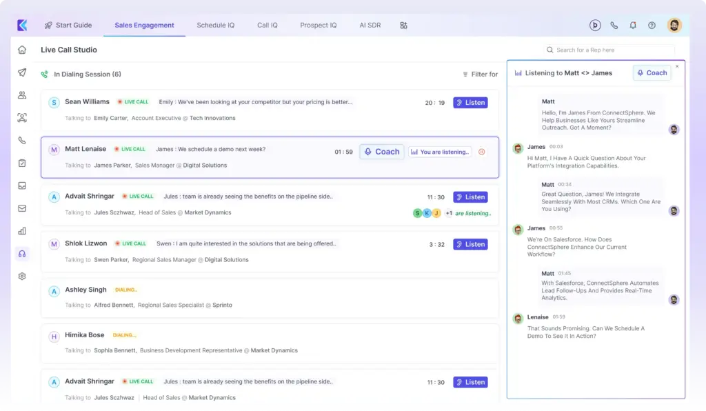 Klenty Salesfloor view showing SDR managers monitoring live sales calls and providing in-the-moment coaching to reps